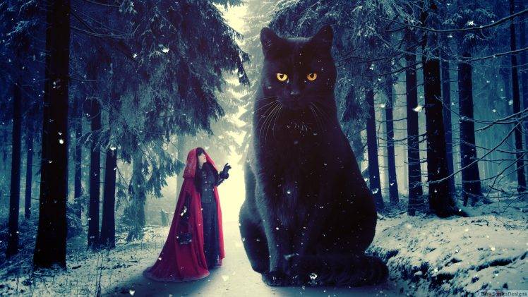 Red Riding Hood, Cat, Snow, Winter, Photo Manipulation, Photoshop, Digital Art HD Wallpaper Desktop Background