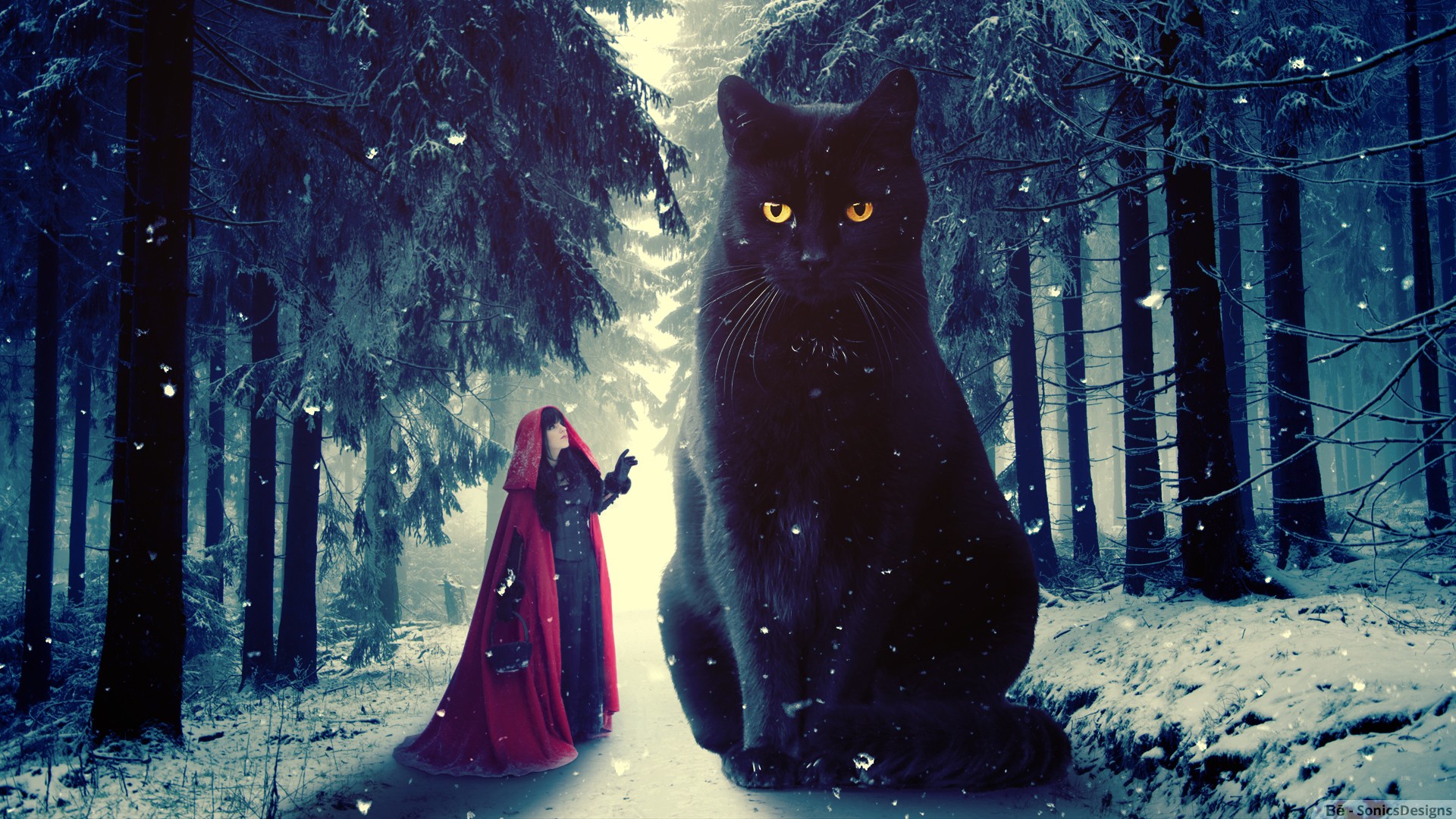 Red Riding Hood, Cat, Snow, Winter, Photo Manipulation, Photoshop, Digital Art Wallpaper