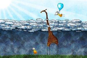 artwork, Nature, Animals, Giraffes, Vladstudio, Clouds, Children, Rain, Balloons, Sun Rays, Drawing, Flying, Sun
