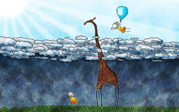artwork, Nature, Animals, Giraffes, Vladstudio, Clouds, Children, Rain, Balloons, Sun Rays, Drawing, Flying, Sun HD Wallpaper Desktop Background