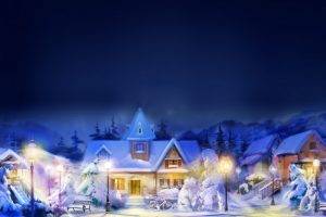 architecture, Building, Digital Art, Painting, Town, House, Snow, Winter, Lights, Blurred, Lamps, Christmas, Bench, Street, Trees, Mountain, Night