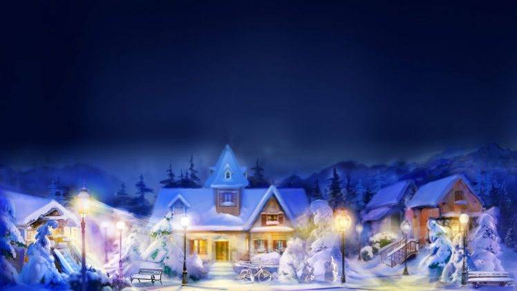 architecture, Building, Digital Art, Painting, Town, House, Snow, Winter, Lights, Blurred, Lamps, Christmas, Bench, Street, Trees, Mountain, Night HD Wallpaper Desktop Background