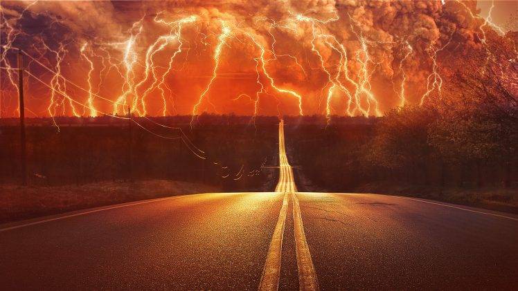 road, Lightning, Thunder, Storm, Digital Art HD Wallpaper Desktop Background