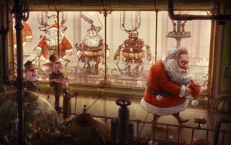 digital Art, Robot, Santa Claus, Santa, Santa Costume, Factory HD Wallpaper Desktop Background