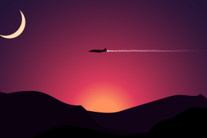 aircraft, Sunset, Minimalism, Mountain, Moon, Digital Art