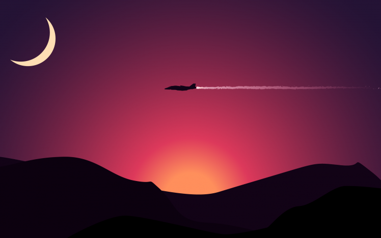 aircraft, Sunset, Minimalism, Mountain, Moon, Digital Art HD Wallpaper Desktop Background