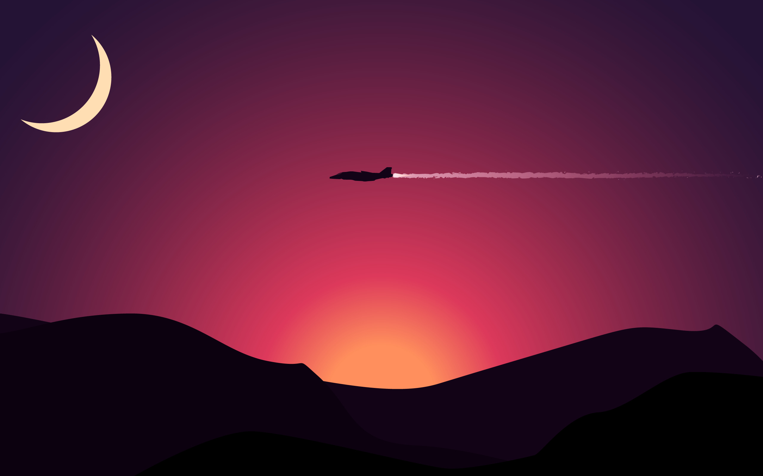 aircraft, Sunset, Minimalism, Mountain, Moon, Digital Art Wallpaper