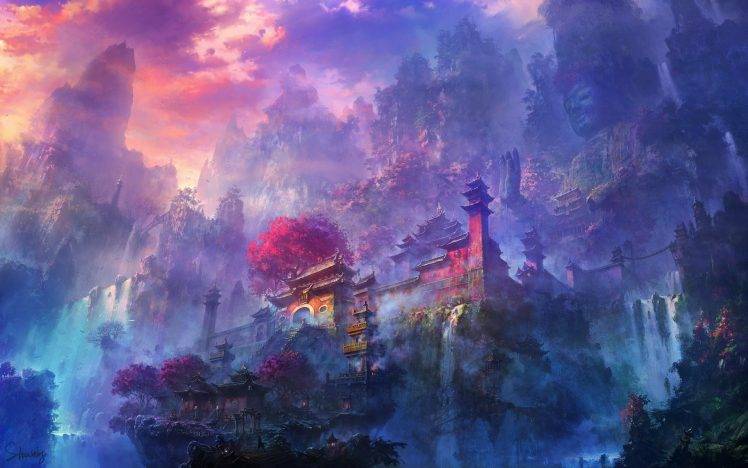 digital Art, Temple, Forest, Ancient, Waterfall HD Wallpaper Desktop Background