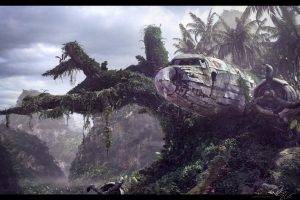 digital Art, Airplane, Forest, Palm Trees, Wreck