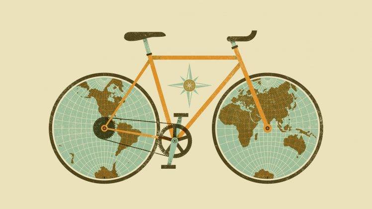 digital Art, Simple Background, Minimalism, Bicycle, World Map, Earth, Wheels, Map, Continents, North America, South America, Africa, Europe, Australia, Asia, Antarctica, Chains, Gears HD Wallpaper Desktop Background