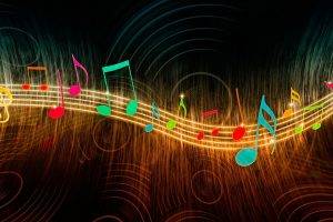 digital Art, Music, Musical Notes, Wavy Lines, Circles, Colorful, Glowing, Treble Clef