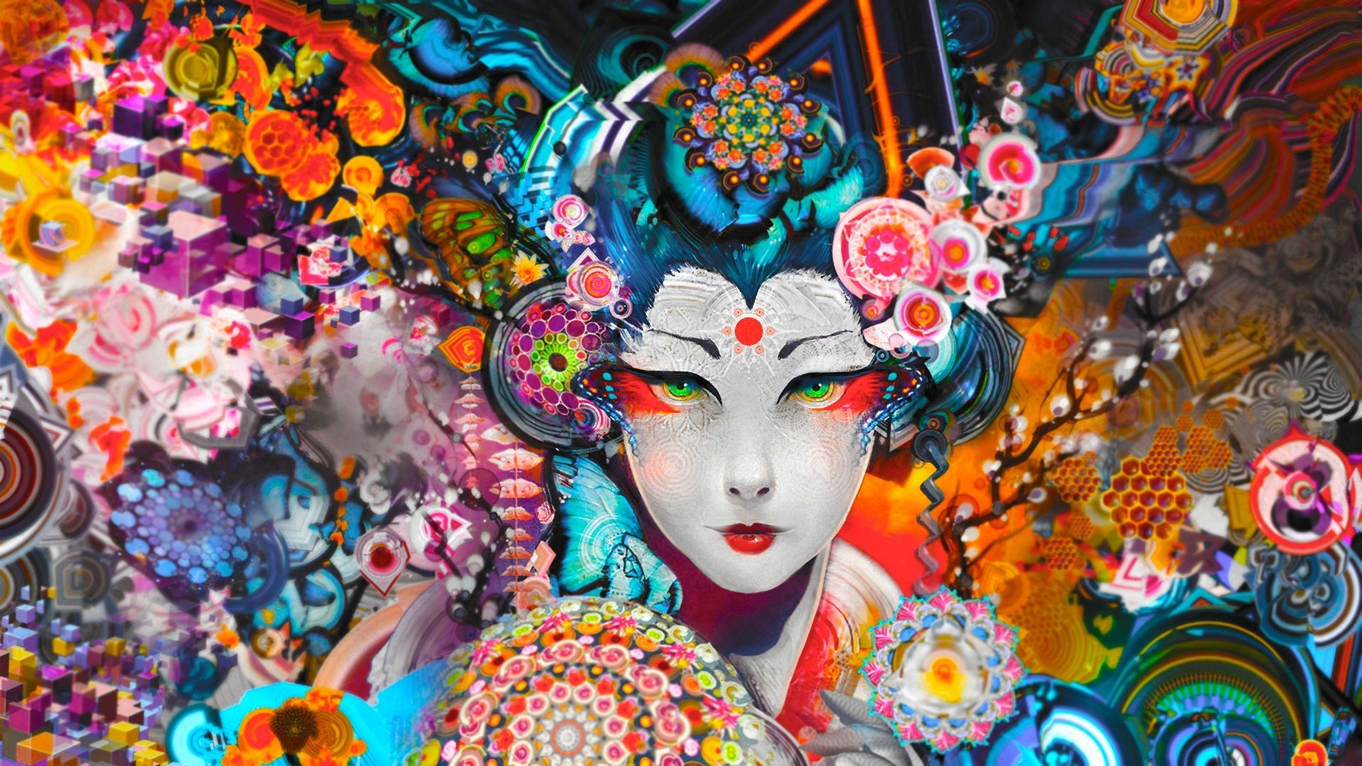 geisha, Digital Art, Colorful Wallpaper