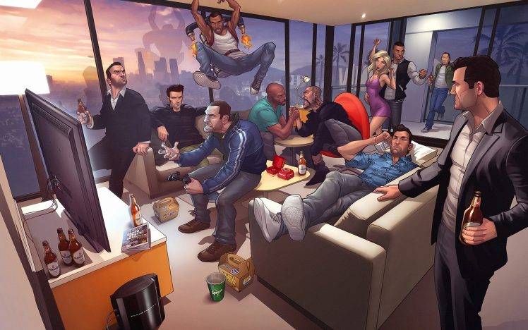 digital Art, Grand Theft Auto, PlayStation 3, Jetpack, Couch, TV HD Wallpaper Desktop Background