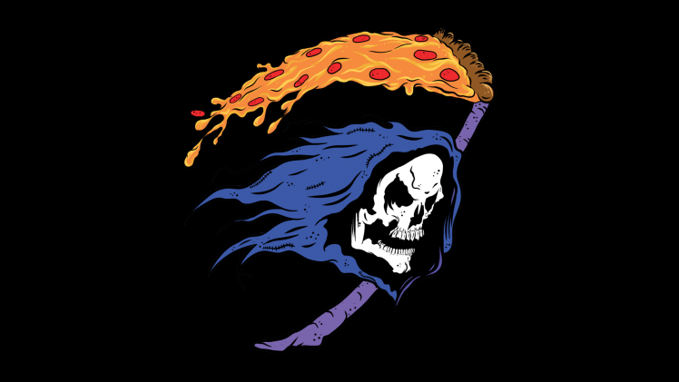 Grim Reaper, Teeth, Digital Art, Skull, Black Background, Minimalism, Humor, Hoods, Scythe, Pizza HD Wallpaper Desktop Background