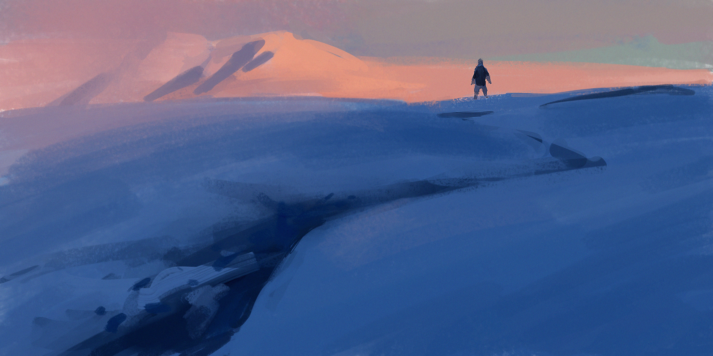 digital Art, Snow, Plains, Mountain, Sunrise Wallpaper