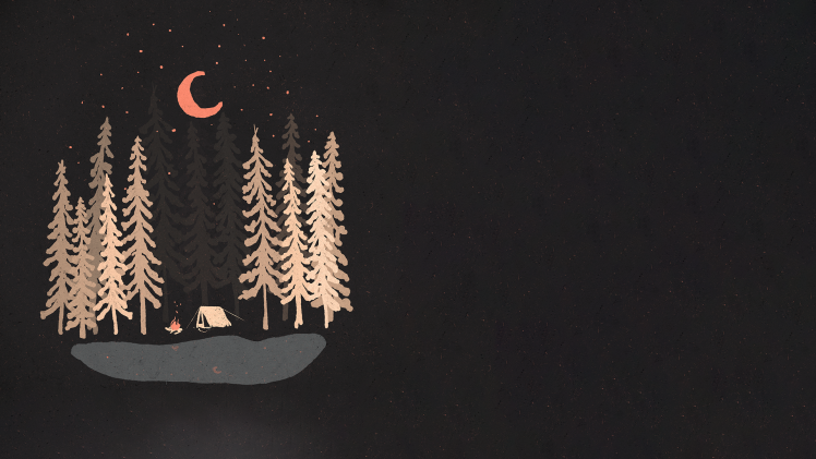 digital Art, Black Background, Minimalism, Night, Forest, Camping, Trees, Moon, Tent, Fire, Paint Splatter, Stars, Lake HD Wallpaper Desktop Background