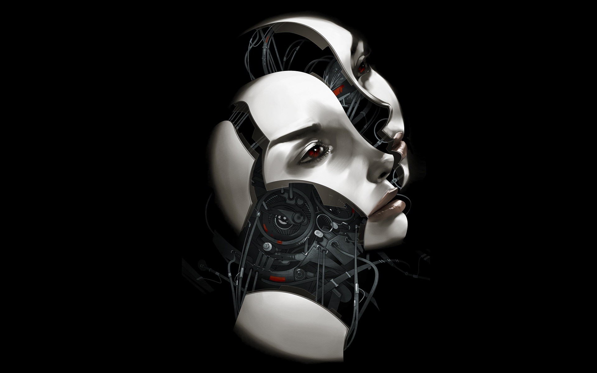 women, Face, Ann Leckie, Digital Art, Black Background, Minimalism, Robot, Androids, Technology, Wires, Book Cover, Science Fiction, Machine Wallpaper