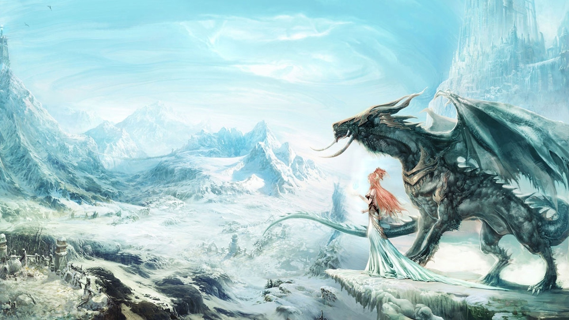 digital Art, Dragon, Village, Snow, Frozen Lake Wallpaper