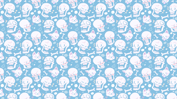 teeth, Digital Art, Blue Background, Faded, Skull, Bones, Flowers, Cat HD Wallpaper Desktop Background