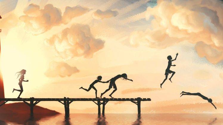 children, Digital Art, Lake, Classic Art, Jumping, Sky HD Wallpaper Desktop Background