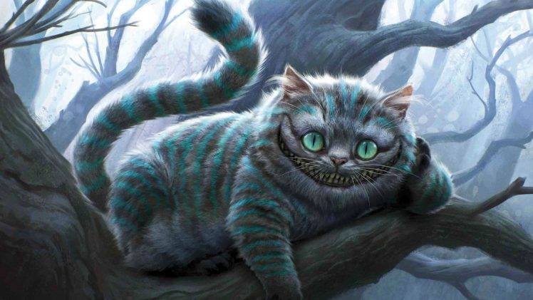 digital Art, Cat, Alice In Wonderland, Trees, Smiling HD Wallpaper Desktop Background
