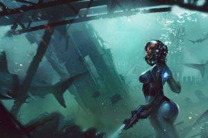 artwork, Digital Art, Futuristic, Science Fiction, Shark, Underwater, Exploration, Diving Suits