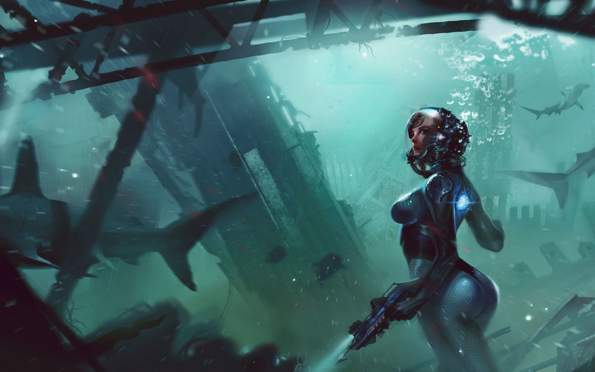 artwork, Digital Art, Futuristic, Science Fiction, Shark, Underwater