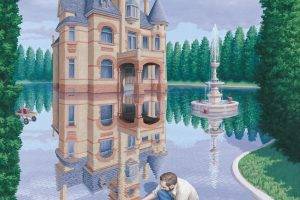 men, Digital Art, Optical Illusion, Drawing, Artwork, Portrait Display, Castle, Tiles, Water, Reflection, Fountain, Trees, Forest