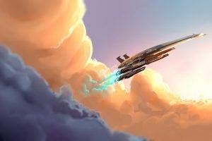 Mass Effect, Spaceship, Clouds, Digital Art, Normandy SR 2