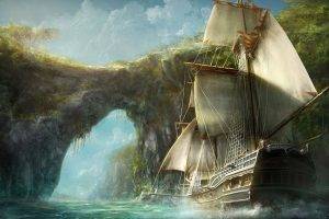pirates, Old Ship, Ship, Rocks, Water, Bay, Caribbean, Digital Art