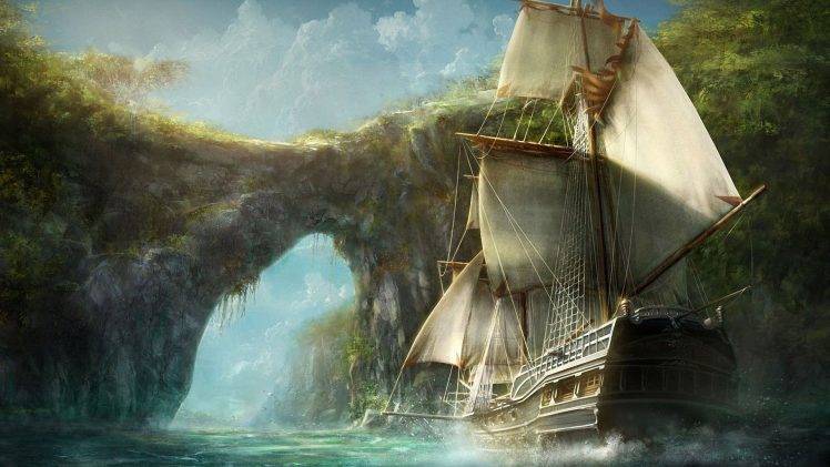 pirates, Old Ship, Ship, Rocks, Water, Bay, Caribbean, Digital Art HD Wallpaper Desktop Background