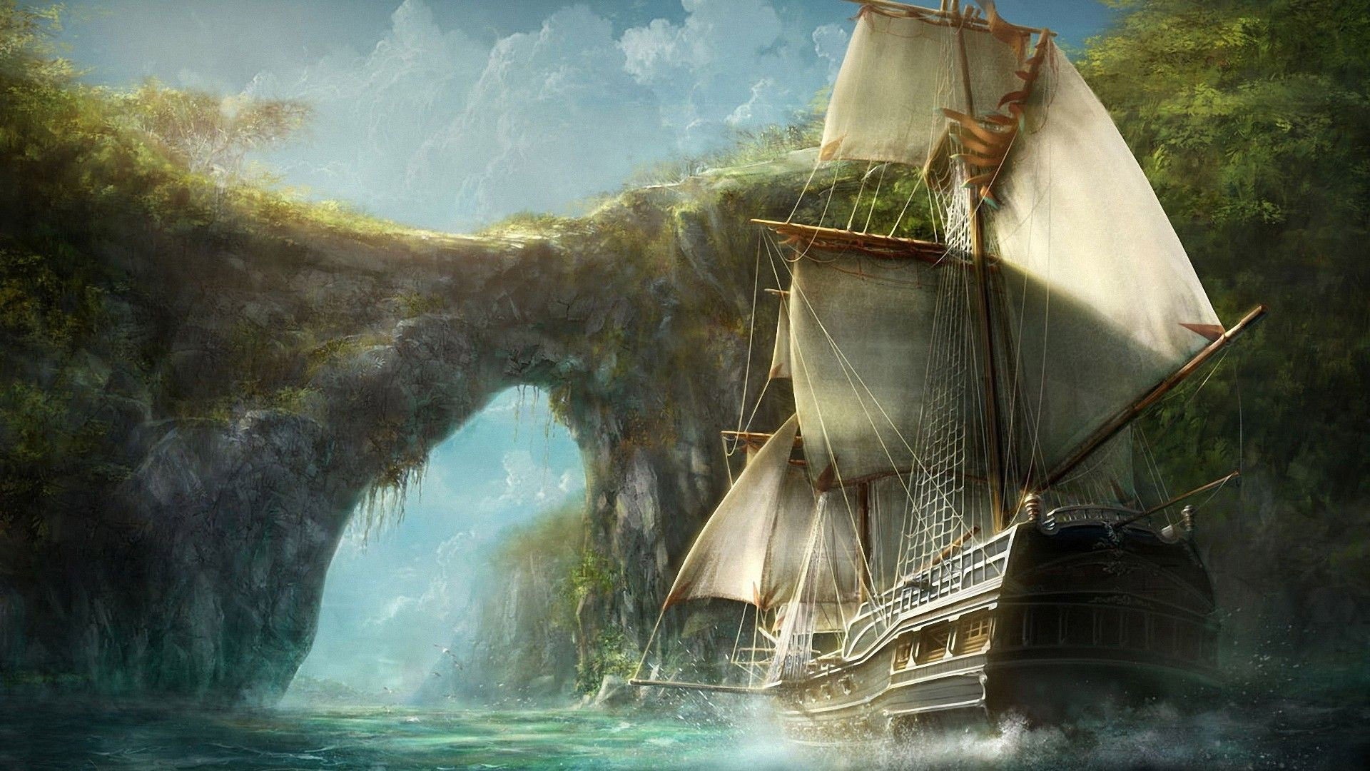 pirates, Old Ship, Ship, Rocks, Water, Bay, Caribbean, Digital Art Wallpaper