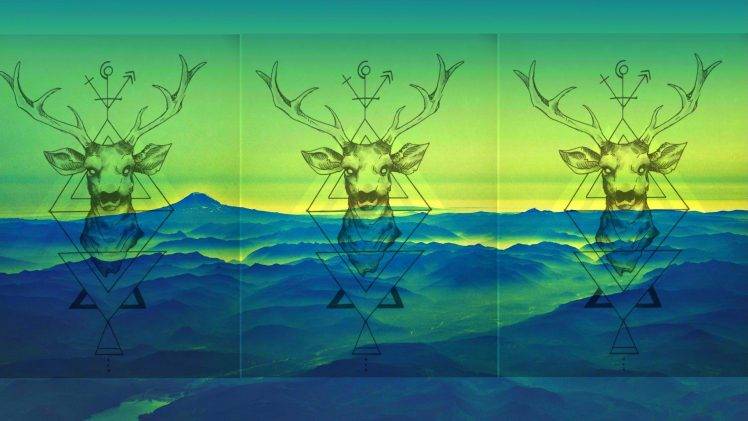 nature, Animals, Digital Art, Deer, Triangle, Simple, Collage, Landscape, Mountains, Mist, Drawing, Antlers, Abstract HD Wallpaper Desktop Background