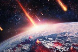 asteroid, World, Space, Desktopography, Fire, Volcano, Earth, Stars, Digital Art, Lava