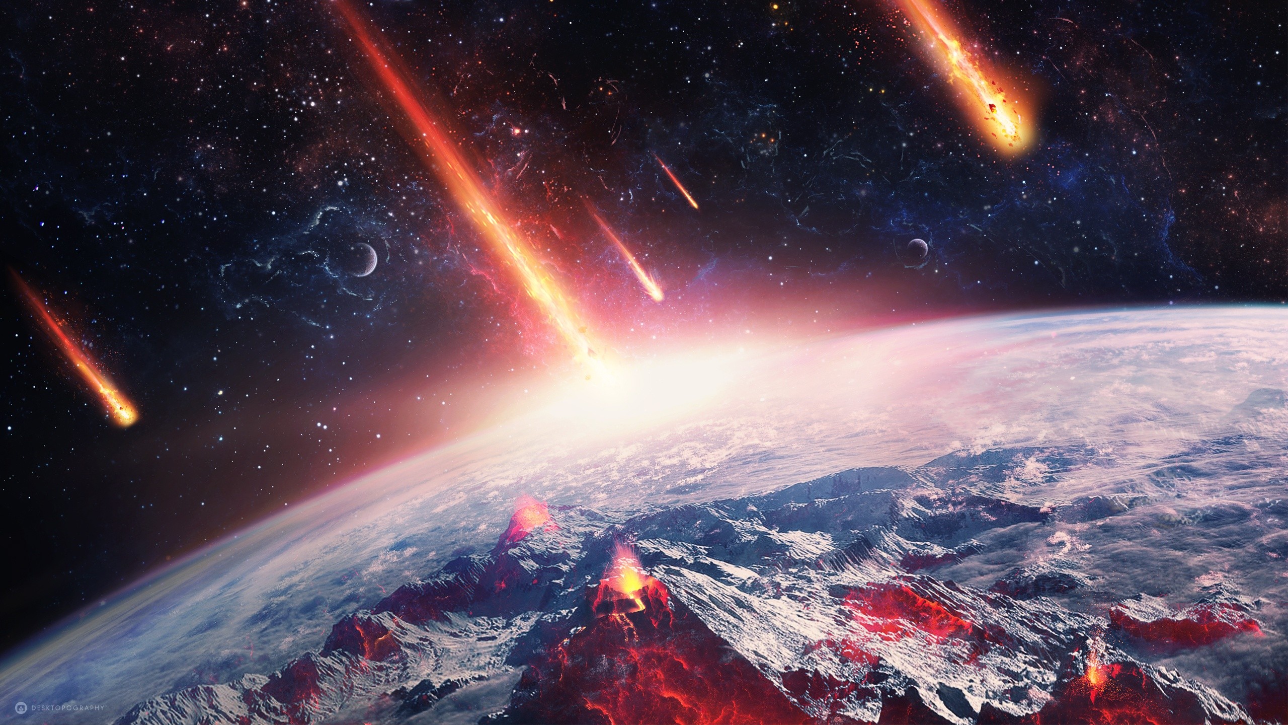 asteroid, World, Space, Desktopography, Fire, Volcano, Earth, Stars, Digital Art, Lava Wallpaper