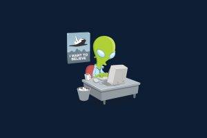 simple Background, Digital Art, Aliens, Computer, Table, Humor, The X Files, Trash, Alternate Reality, Cup, Minimalism, Blue Background