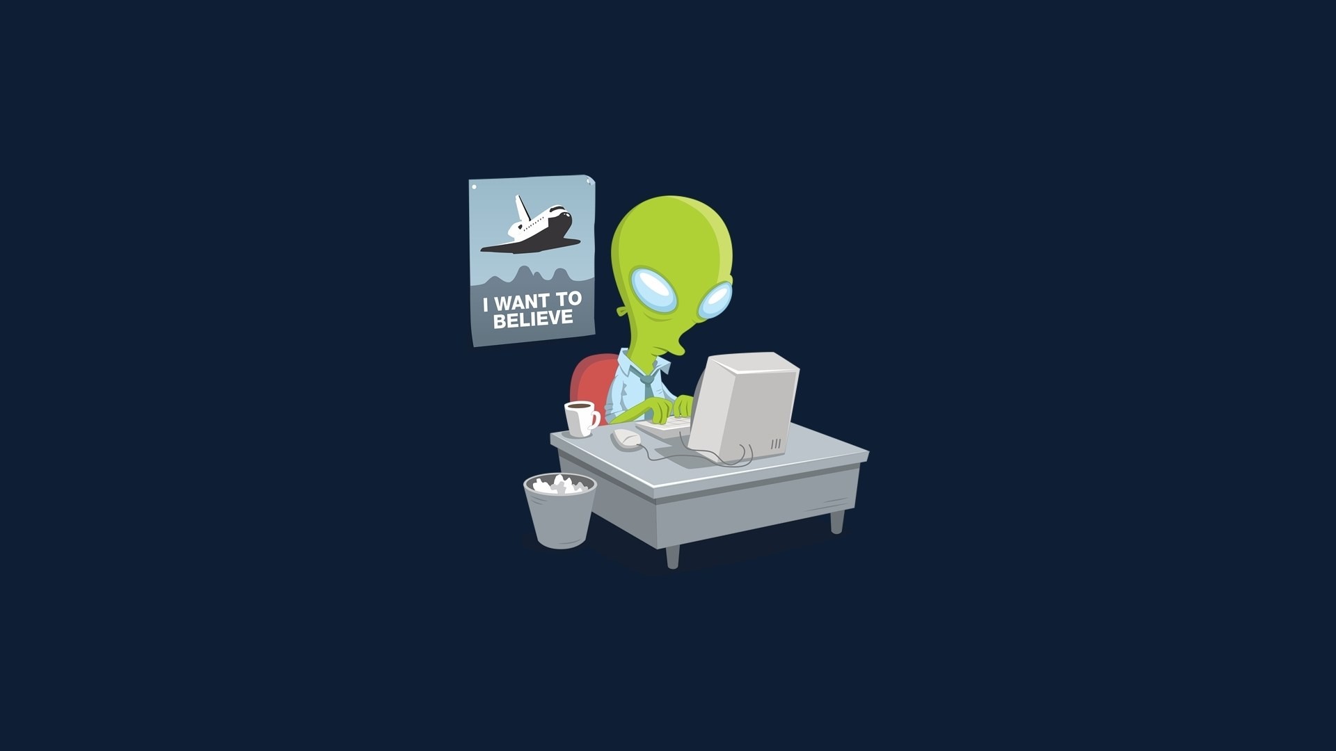 simple Background, Digital Art, Aliens, Computer, Table, Humor, The X Files, Trash, Alternate Reality, Cup, Minimalism, Blue Background Wallpaper