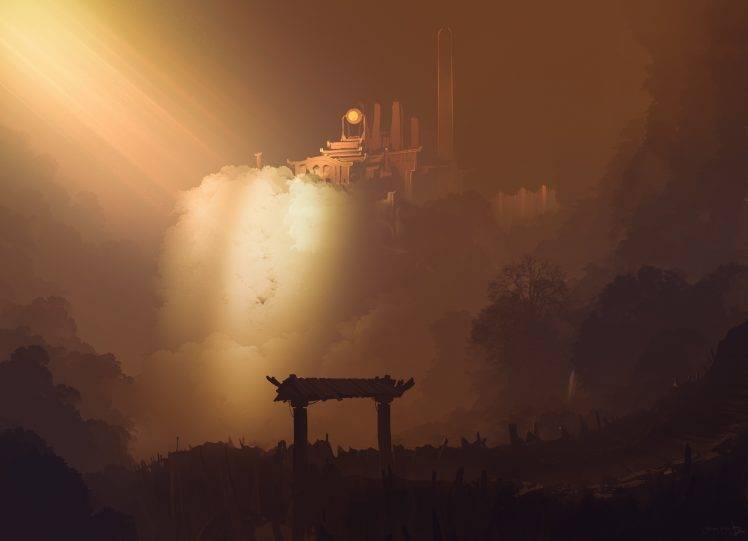 landscape, Temple, Mountains, Digital Art HD Wallpaper Desktop Background
