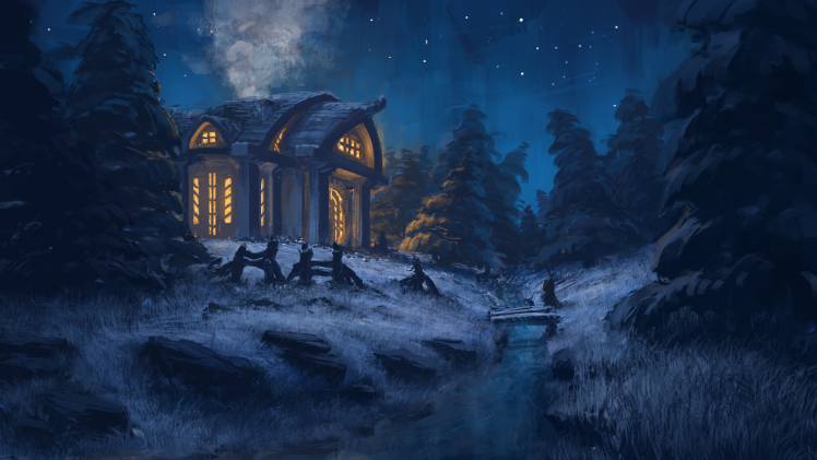 digital Art, Winter, Night, Landscape HD Wallpaper Desktop Background