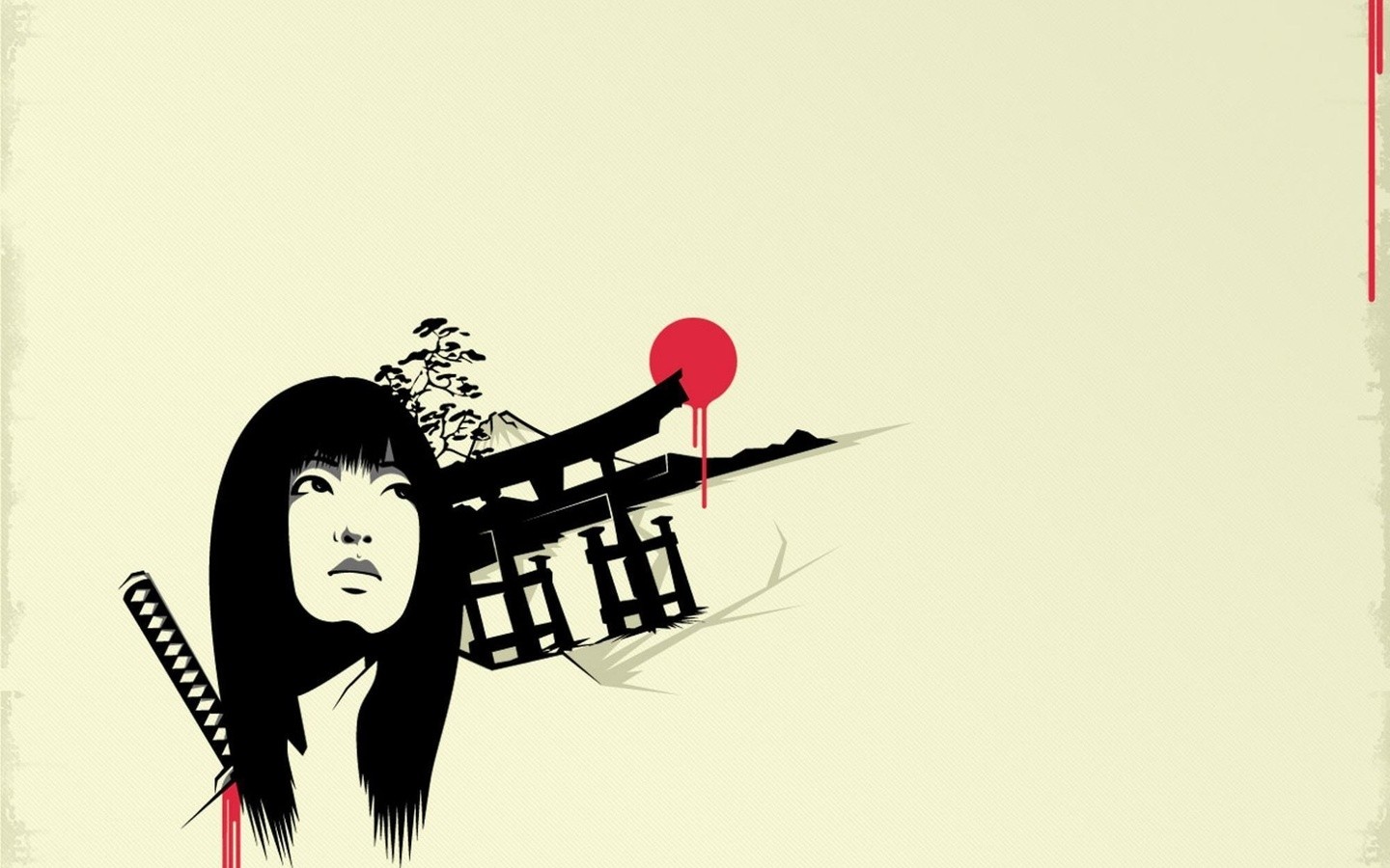 women, Original Characters, Japanese, Gogo Yubari, Digital Art, Minimalism, Simple, Simple Background, Kill Bill, Movies, Katana, Asian Architecture, White Background, Sun Wallpaper