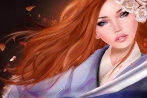 women, Open Mouth, Redhead, Long Hair, Digital Art, Artwork, Painting, Flower In Hair, Petals, CGI
