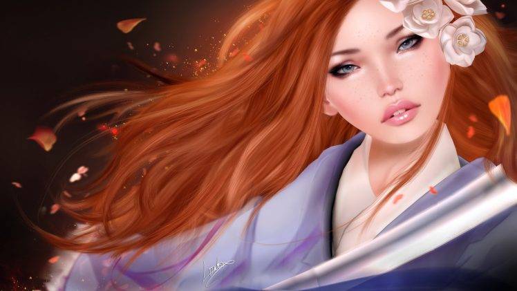 women, Open Mouth, Redhead, Long Hair, Digital Art, Artwork, Painting, Flower In Hair, Petals, CGI HD Wallpaper Desktop Background
