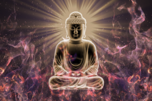 Buddha, Sitting, Closed Eyes, Digital Art, Buddhism, Meditation, Glowing, Fire, Blurred, Fractal, Abstract