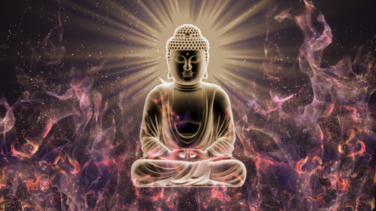 Buddha, Sitting, Closed Eyes, Digital Art, Buddhism, Meditation, Glowing, Fire, Blurred, Fractal, Abstract HD Wallpaper Desktop Background