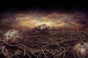 artwork, Illustration, Digital Art, Dark, Wires, Technology, Bombs, Clouds, Metal, Apocalyptic