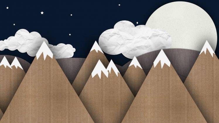 nature, Landscape, Mountains, Snowy Peak, Digital Art, Clouds, Night, Stars, Paper, Moon, Minimalism HD Wallpaper Desktop Background