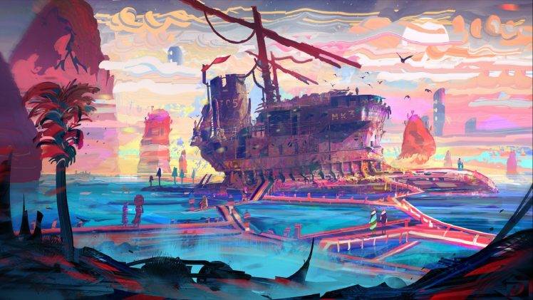 colorful, Abstract, Bridge, Ship, Sea, Clouds HD Wallpaper Desktop Background