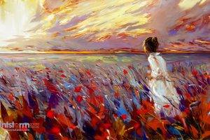digital Art, Painting, Field, Sunset, White Dress
