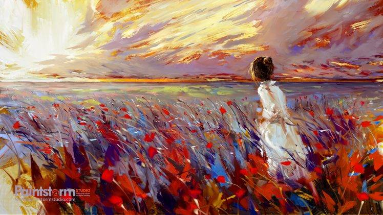 digital Art, Painting, Field, Sunset, White Dress HD Wallpaper Desktop Background