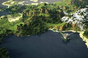 Minecraft, Coast, Mountain, Trees, Beach, Grass, Render